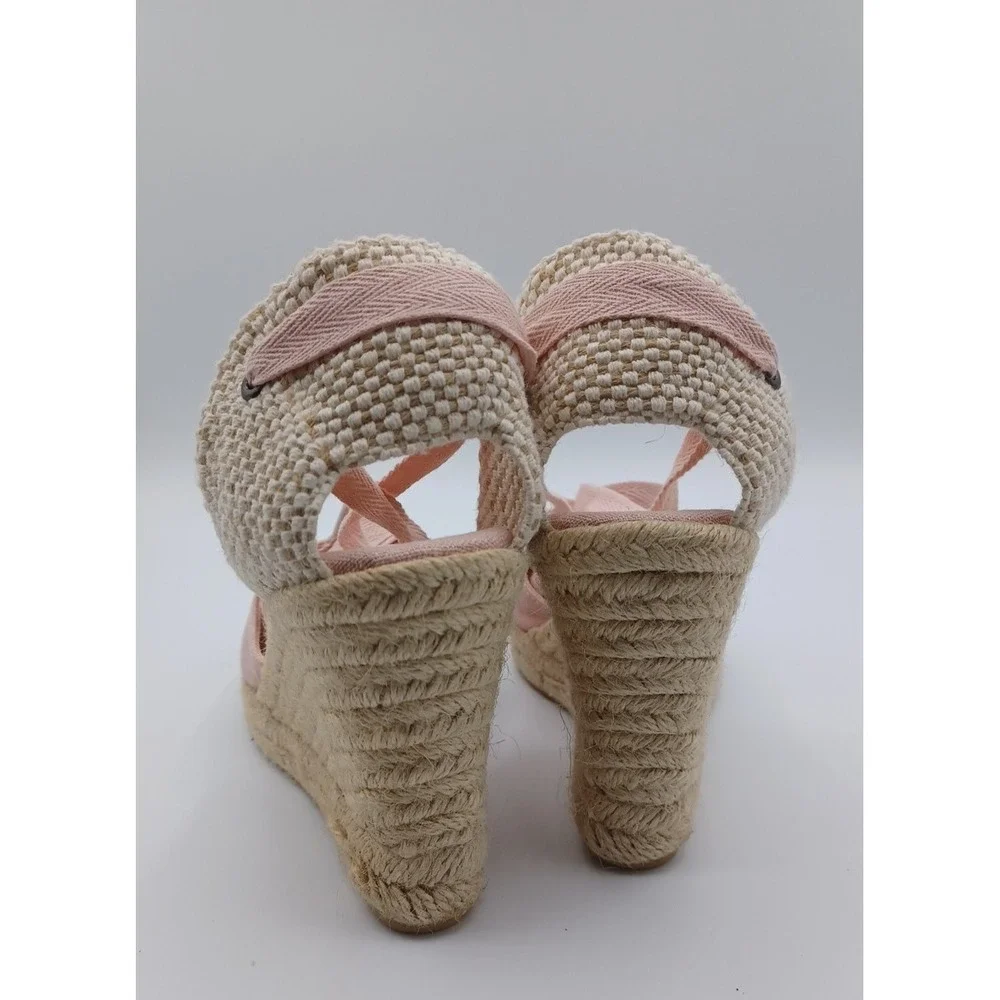 Soludos The Marseille Lace Up Wedge Espadrille PINK Ribbon Women's 5.5 Jute Heel